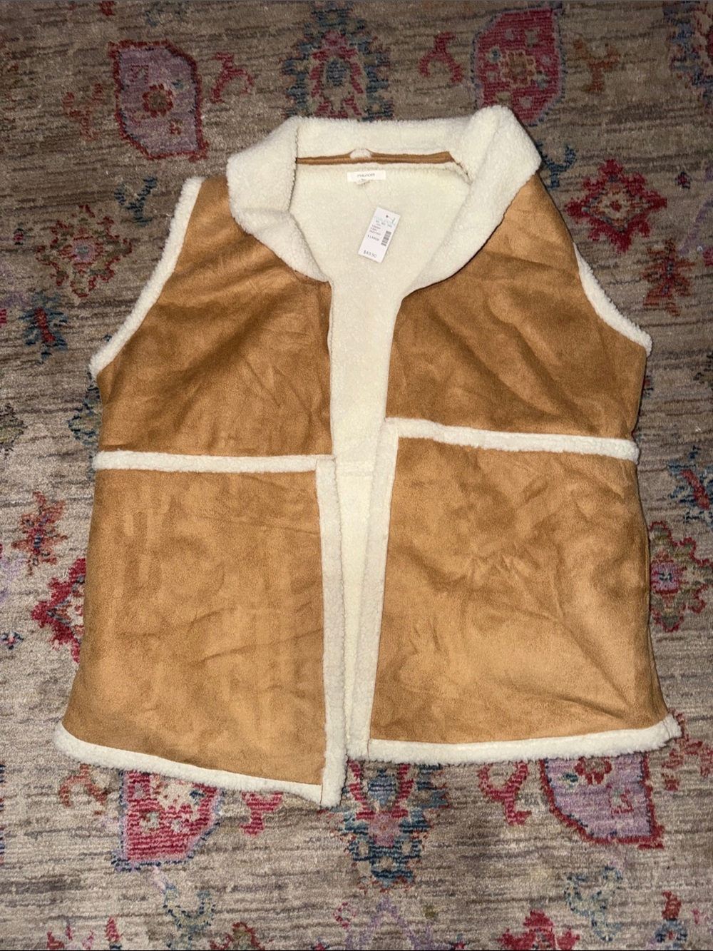 Maurices women’s Suede-Look Sherpa Vest in Tan and White